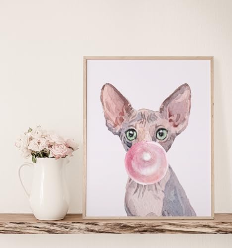 DREAM BIG PRINTABLES Cat Blowing Bubble Gum | Sphynx Art Print - 11x14 (Unframed) | Adorable Feline Decor for Cat Lovers