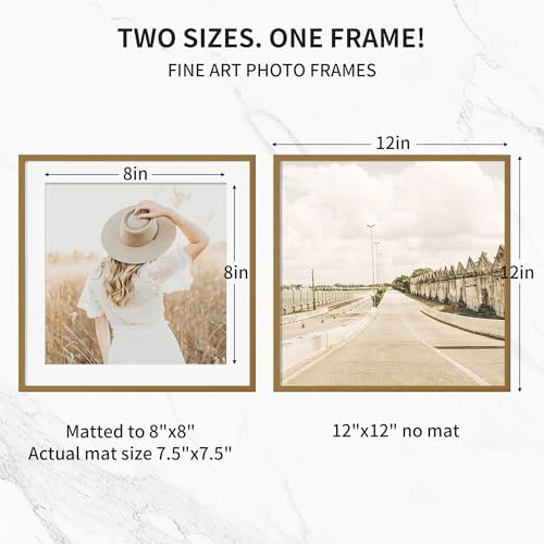12x12 Metal Picture Frame with 8x8 Mat, Brushed Aluminum Finish, Attached Hanging Hardware, and Tempered Glass Front - Versatile Vertical or Horizontal Wall Display Frames Set of 1 - Bronze