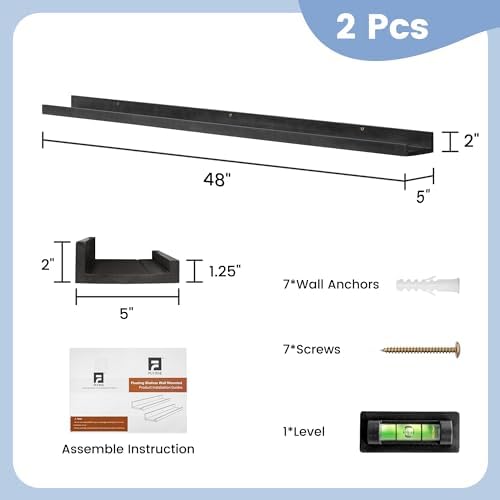 Picture Ledge Shelf for Wall, 48 inch Solid Pine Wood Nursery Book Shelves 2 Packs, Floating Ledge Shelves for Kids' Room Bedroom Bathroom Living Room Photo Frames Office Nursey Wall Decor, Black