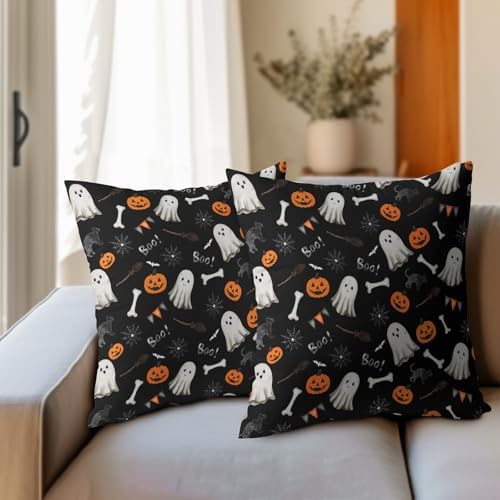 Halloween Throw Pillow Covers 20X20 Inch 2 Packs Boo Cute Ghost Orange Pumpkins Bat Web Decorative Black Pillow Cases Holiday Cotton Linen Cushion Cover for Home Sofa Porch Outdoor Decor
