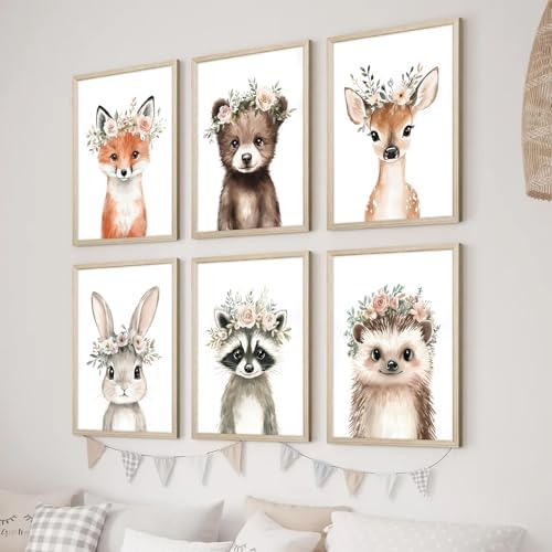 Woodland Animal Nursery Wall Art Decor Baby Girl Room Pictures Floral Crown Animal Canvas Wall Art Decor Safari Bear Fox Poster Floral Nursery Prints Artwork for Kids Bedroom 12x16x6 Inch Wood Framed