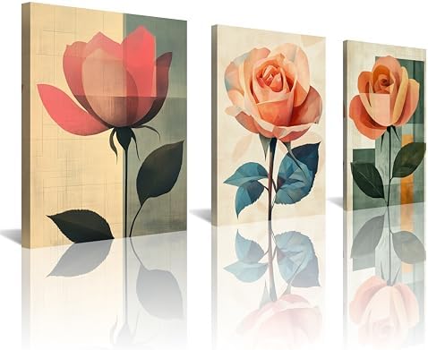 NAN Wind 3Pcs Abstract Rose Wall Art Canvas Print Minimalist Floral Painting Modern Geometric Flower Botanical Artwork Mid Century Style Home Decor Green Teal Beige Decor for Living Room Bedroom