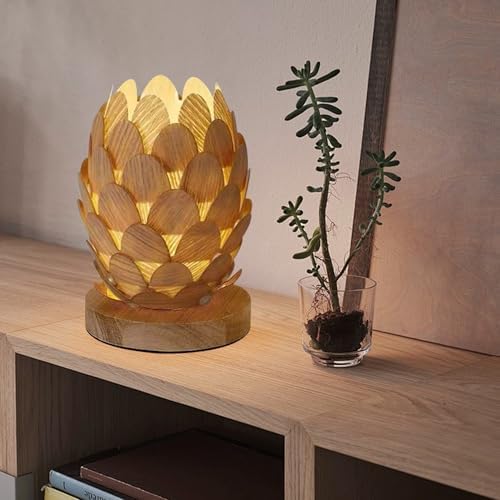 Boho Wooden Flower Table Lamp with Handmade Natural Base, Small Vintage Woven Rattan Wicker Nightstand Cute Desk Lamp, Bedside Bamboo End Table Lights for Bedroom, Living Room, Kitchen Island