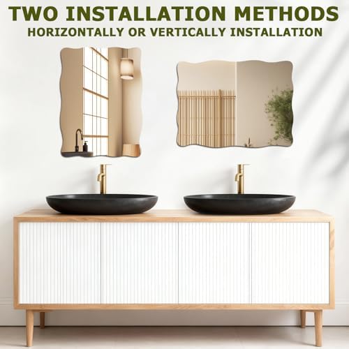 16x12 inch Decorative Scalloped Rectangular Mirror for Wall Decor | High Clear Glass Wavy Mirror with Double-Sided Taps, Frameless Squiggle Mirror for Bathroom, Bedroom, Living Room, Entryway