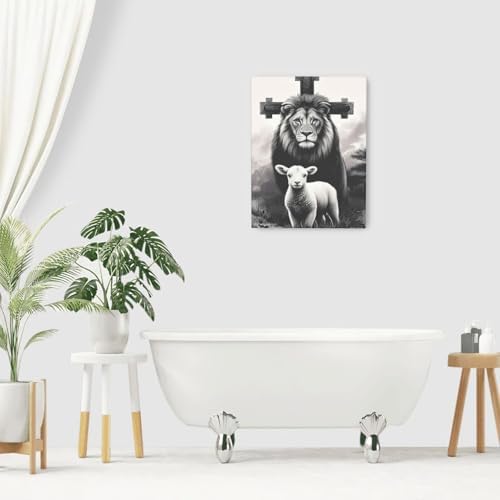 Crekviy Lion and Lamb Wall Art Lion of Judah Wall Decor Pictures Christian Canvas Prints Painting Religious Artwork Decoration for Bathroom Bedroom Living Room Framed Gifts 12"x16"