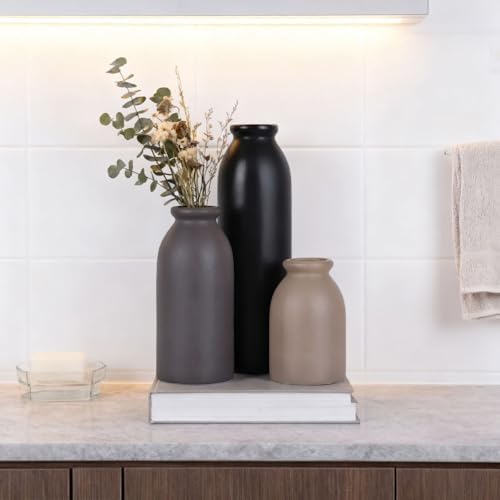 Matte Ceramic Vase Set of 3 - Modern Rustic Farmhouse Style, Decorative Vases for Dining Table, Shelf, Bedroom, Living Room, Kitchen, Office, Bathroom, Mantle, Centerpiece Décor (Neutral)