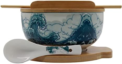 XWORLD Japanese Ceramic Ramen Noodle Bowls Set with Ceramic Spoon, Bamboo Chopsticks, Lid & Trivet, Serving Capacity of 33.8 OZ, Microwavable Oven Safety (3.3” x 6.6” D) (Blue Sea)