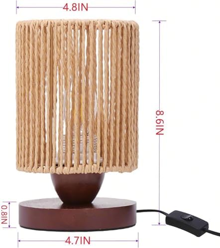 Small Rattan Table Lamp for Bedroom, Boho Bedside Lamp with Warm LED Bulb, Handwoven Wicker Nightstand Lamp for Nursery, Entryway & Dorm, Mini Ambient Night Light with Wood Base (8.6" Tall)