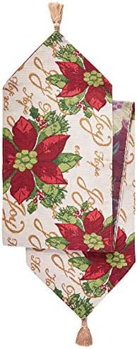 Violet Linen Decorative Christmas Poinsettias Script Design Tapestry, 13" X 70" Table Runner