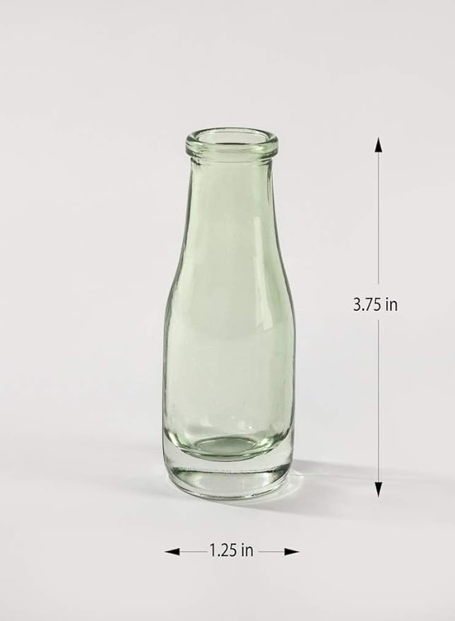 Serene Spaces Living Mini Green Glass Bud Vase, Centerpiece for Wedding Reception, Mini Flower Vases for Home Decor, Vintage Bottle Style Vase, 3.75" Tall & 1.25" Diameter - Pack of 6