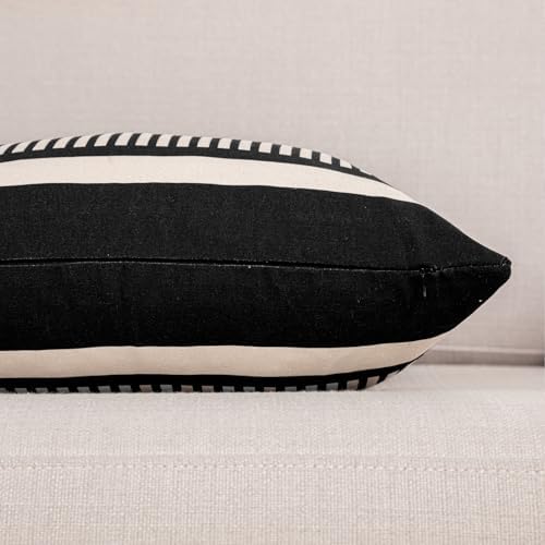 Farmhouse Stripe Pillow Cover 22x22 Boho Accent Cushion Case Faux Leather Decorative Pillowcase,Black and Beige (Cover ONLY, Pack of 2)