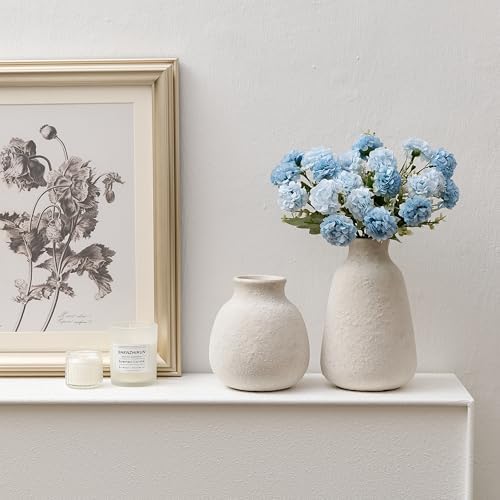 Ceramic Vase Set of 2 for Home Decor, 6.1"+8.23" Handcrafted Off-White Rustic Terracotta Vases, Vintage Farmhouse Decor, Minimalist Decorative Vases for Table Centerpiece Fireplace Nightstand