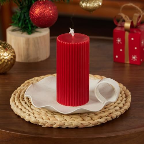 Candle Holders for Pillar Candles, 5.5" Overall Width Vintage Metal Plate Holder with Handle, Fits Candles up to 3.3" Diameter & Flameless, Distressed White (Candles Not Included)