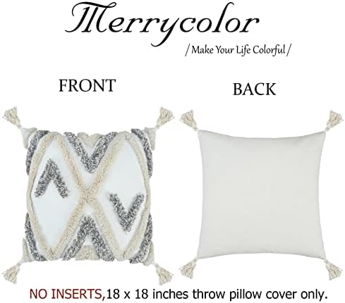Merrycolor Boho Decorative Throw Pillow Covers Grey and White Pillow Cover with Tassels Soft Woven Tufted Pillow Case Neutral Accent Cushion Cover for Couch Sofa Bedroom,18x18,1PC
