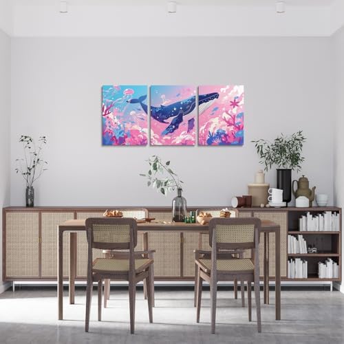 Feelyou Pretty Whale 3 Piece Canvas Wall Art for Living Room Bedroom Pink Blue Ocean Wall Art for Home Decor Jellyfish Office Wall Decor Dreamy Ocean Wall Painting