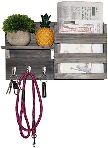 Wall-Mounted Key Holder Hooks - Rustic Wood Weathered Grey & Black - Entryway Organizer for Mail, Leashes, and Purses - Floating Shelf, 16.5” W x 9.75" H x 4.5” D