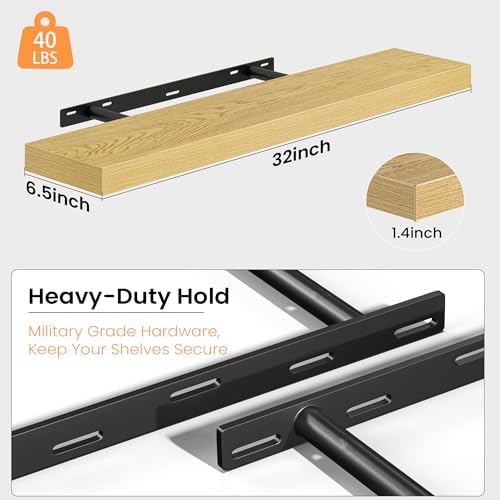 32 Inch Floating Shelves for Wall, Rustic Wood Wall Mounted Deep Storage Shelves with Invisible Brackets, Large Decorative Display Ledge for Living Room Bedroom Bathroom and Kitchen, Set of 2, Oak