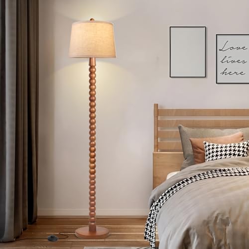 Ruiever Wood Floor Lamp for Living Room,Real Wood Standing Lamp with Color Changing Bulb, Tall Lamp with Linen Shade, Floor Lamp for Bedroom,Corner,Dining Room (Walnut Finish with 3 Color LED Bulb)