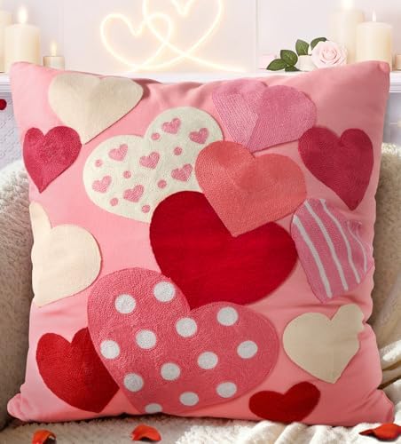 Valentines Pillow Cover 18x18 Inch - Embroidered Valentines Day Colorful Hearts Design Throw Pillow Cover Decorations Soft Cushion Case Home Decor for Couch, Sofa, or Bed(1 Pack)