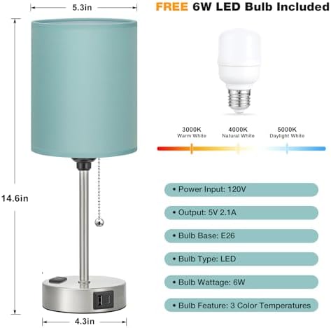 Small Bedside Table Lamp for Bedroom - Desk Lamp with USB Ports for Dorm