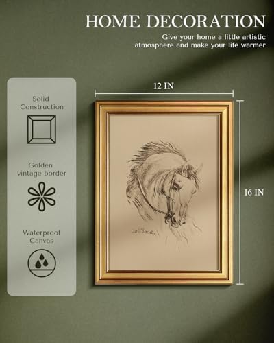 WHASAYART Gold Framed Vintage Wall Art for Living Room, Animals Painting Prints Shelf Decor for Kitchen, Aesthetic Bedroom Wall Art, Best Gifts for Friends or Family - Pale Horse 16L x 12W