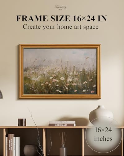 WHASAYART Gold Framed Vintage Wall Art for Living Room Wildflower Field Landscape Decor Aesthetic Gift for Mom Oil Painting Flower Wall Print Floral Pictures Canvas Artwork Shelf Decor 16x24in