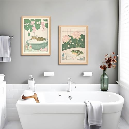 Japanese Cats Frogs Bathroom Wall Art Anime Cute Funny Canvas Print Decor | Set of 2 Wooden Frame Cute Green Kitten in Bathtub Painting Minimalist Zen Picture Wall Decor for Bathroom Kids Room12x16In