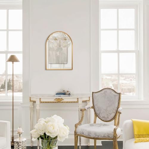 Gold Arched Mirror, Modern Bathroom Wall Mirror Aluminum Alloy Framed Mirror Brushed Metal Vanity Wall Mounted Mirrors for Livingroom Bedroom Entryway Room 16"x12"