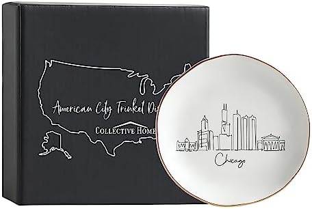COLLECTIVE HOME - Skyline Jewelry Dish, Ceramic Trinket Dish, Landscape Jewelry Tray, Decorative City View Plate for Rings Earrings Necklaces Bracelet Watch Keys (Chicago)