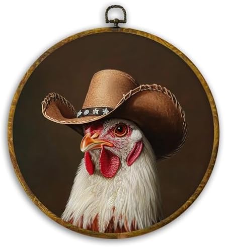CUANFDDSF Western Chicken Cowboy Round Wall Art, Rustic Farmhouse Funny Animal Framed Hanging Wall Decor, Whimsical Cowboy Country Chicken Canvas Prints Decorations for Gallery Bedroom, 10x10 Inch