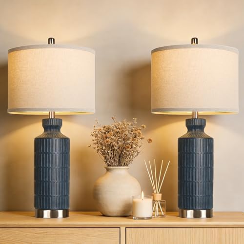 26" Navy Blue Ceramic Table Lamp Set of 2, Modern Desk Lamp, Metal Base