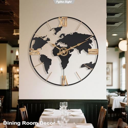 Pytha Sight 20 Inch Large World Map Vintage Gold Roman Numerals Wall Clock