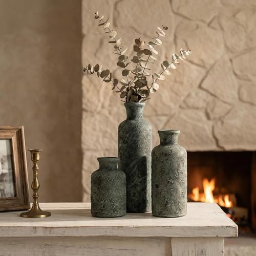 Vintage Ceramic Flower Vase Set of 3, Rustic Farmhouse Vase for Home Decor, Distressed Decorative Vase for Table Entryway Mantel Centerpiece Living Room Bathroom Bedroom (Patina Gray)