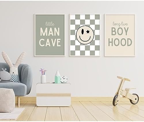 Long Live Boyhood Wall Art Nursery Baby Boys Canvas Wall Art Decor Preppy Retro Poster Prints Kids Little Man Cave Pictures Sage Green Artwork for Room Bedroom Set of 3 16x24 Inch Unframed