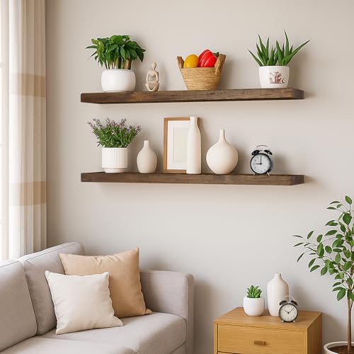 BGMG Floating Shelves 60 inch Long, Distressed,Wide Rustic Wooden Wall Shelves for Living Room Bedroom Kitchen Farmhouse Set of 2-60x6.7x1.75 inch-Distressed Walnut
