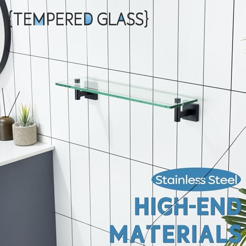 KOKOSIRI Bathroom Shelves Glass Floating Shelf 20-Inch for Bedroom, Living Room, Kitchen, Storage Hanging Rack Rustproof Wall Mounted Black B1105BK-L20