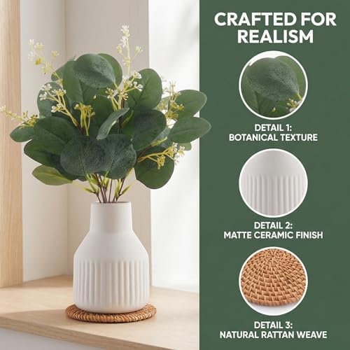 Artificial Eucalyptus Greenery Stems in Ceramic Vase,10Pcs Fake Plants Eucalyptus Leaves faux Plants for Centerpiece Table Decorations Home Room Decor office desk decor Greenery Decor indoor (White)