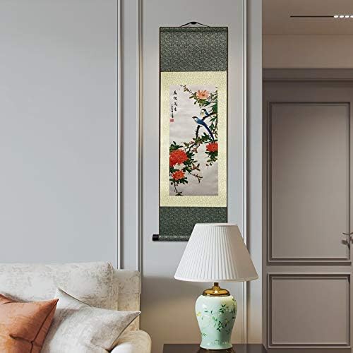 AtfArt Asian Wall Decor Beautiful Silk Scroll Painting Birds and Flowers - Bird Language Flower Fragrant Oriental Decor Chinese Art Wall Scroll Wall Hanging Painting Scroll (36.2 x 12 in)