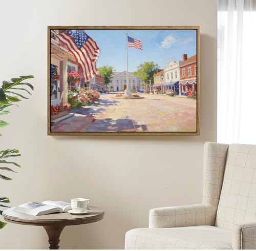 American Flag Framed Canvas Wall Art, 4th of July Patriotic Canvas Prints | USA Flag with Small Town Street Poster Print, Independence Day Wall Decor for Bedroom Living Room 24×36in