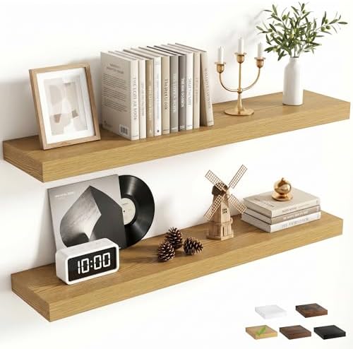 FLYJOE 32 Inch Floating Shelves for Wall Set of 2, 6.5" D Wood Grain Bathroom Shelves with Invisible Brackets, Easy Install Engineered Wood Storage Shelves for Kitchen, Living Room, Bedroom