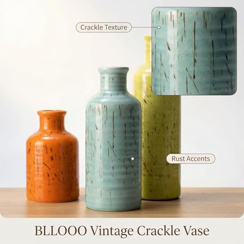 Vintage Ceramic Flower Vase Set of 3, Rustic Farmhouse Vase for Home Decor, Distressed Decorative Vase for Table Entryway Mantel Centerpiece Living Room Bathroom Bedroom (Multicolor)
