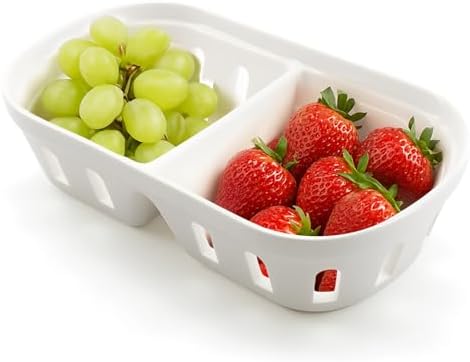 Ceramic Berry Basket, 2 in 1 Square Fruit Bowl with Holes, Ceramic Colander for Kitchen, Refrigerator, Counter, Holds Berries, Strawberries, Grapes, Cherries, Vegetables (White)