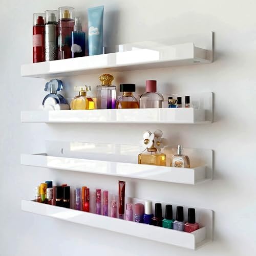 4 Pack 15 Inch White Acrylic Floating Wall Shelves, Kids Bookshelf