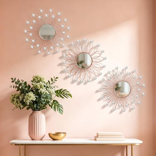 3 Pack Metal Mirrors for Wall Sunburst Wall Mirrors Home Décor Decorative Hanging Wall Art for Living Room Bedroom Entryway (Rose Gold2 Crystal, Flower+Sunburst)