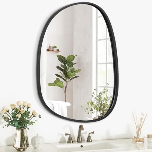 Wood Frame Hanging Mirror for Wall Asymmetrical Irregular Black Oval Wall Mirror for Bathroom Wall Mirrors Decorative for Bedroom Living Room Entryway Hallway Unique Mirror