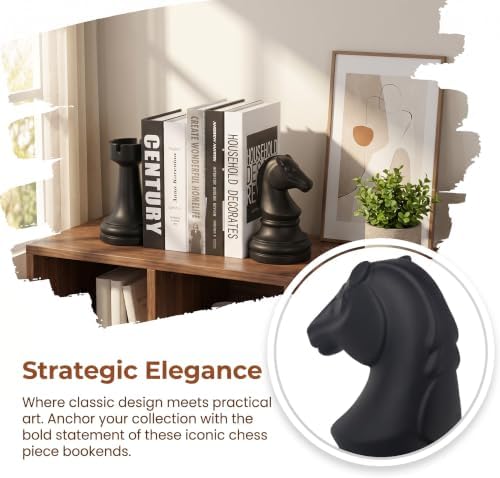 Decorative Bookends Chess Bookends, Black Book Ends Heavy Book Supports, Unique Bookends Decor for Office Home Desk Bookrack, 7"(L) x4(W) x7(H), 1Pair/2Piece
