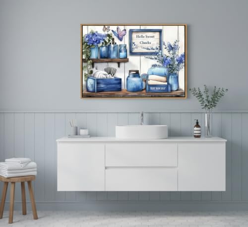 Framed Navy Blue Bathroom Canvas Wall Art Blue Flowers and Butterflies Painting Picture Wall Decor Poster Print Artwork for Toilet Washroom Restroom Home Decoration