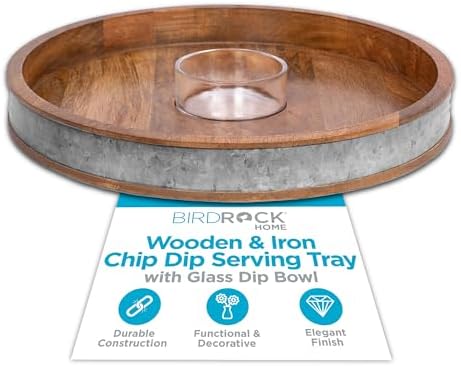 BIRDROCK HOME Wooden & Iron Chip Dip Serving Tray w/Glass Dip Bowl | Extra Large Decorative Kitchen Platter | Salsa, Guacamole, Veggies, Cheese | Decor for Coffee Table, Dining & Living Room - Round