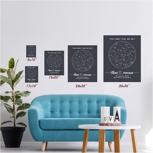 Custom Star Map - Personalized constellation prints available as framed, unframed, canvas prints, or canvas posters. Perfect for weddings, anniversaries, and special occasions Grey