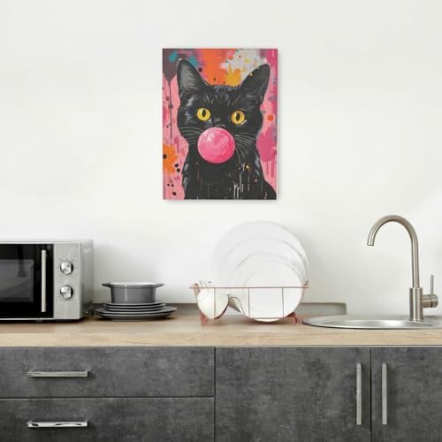 Funny Black Cat Pink Banksy Graffiti Wall Art Cute Cat Pictures Canvas Wall Decor kitten Painting Artwork Decoration Framed Gifts for Lover Women Girl Bathroom Bedroom Living Room Office 12"x16"